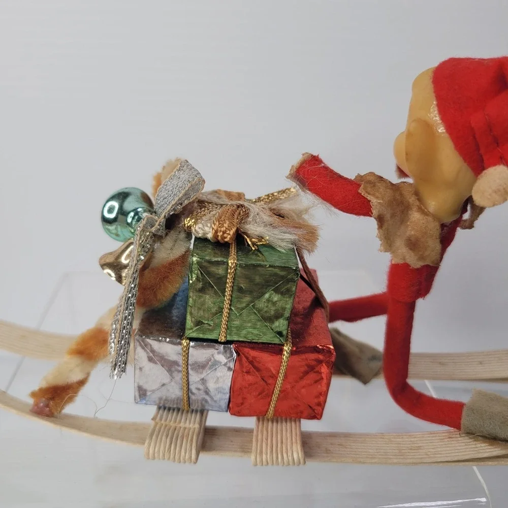 Vintage Pixie Elf Doll on Sleigh Christmas Decoration 8